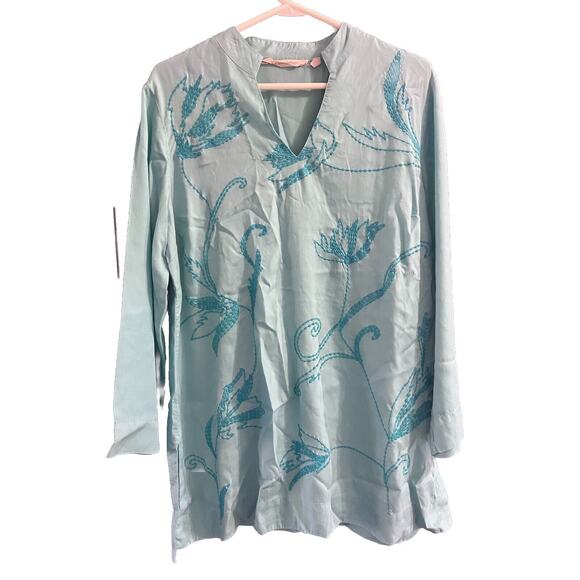 Soft Surroundings Turquoise Embroidered Tunic Top Blouse Women’s Sz L V-Neck - Picture 1 of 7
